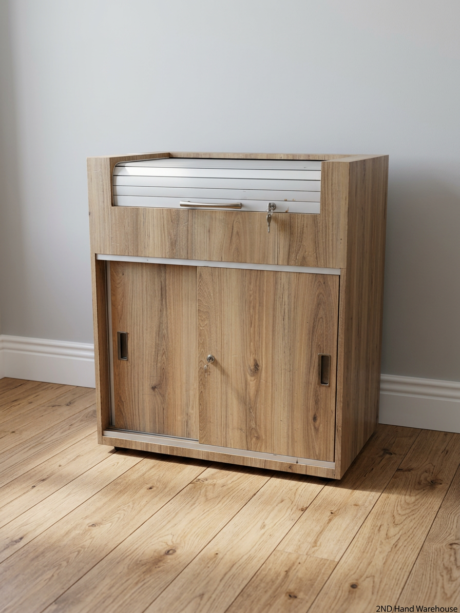 Wooden Storage Cabinet with Roller Shutter & Sliding Doors — Well Used Condition
