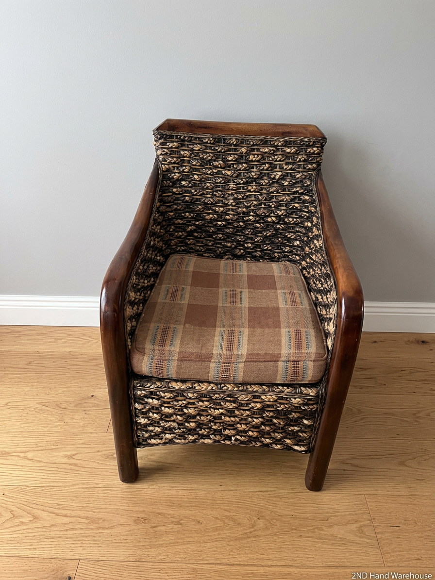 Woven Wicker and Dark Wood Armchair — Fair Used Condition with Faded Cushion