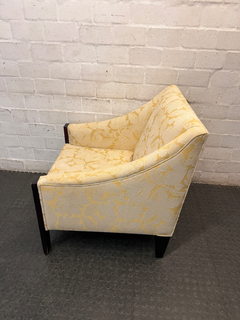 Yellow Floral Patterned Woven Fabric Armchair — Very Good Condition