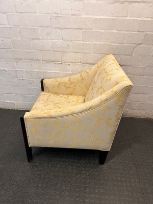Yellow Floral Patterned Woven Fabric Armchair — Very Good Condition