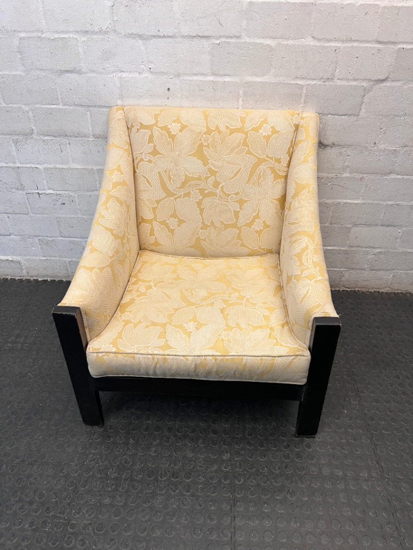 Yellow Floral Patterned Woven Fabric Armchair — Very Good Condition