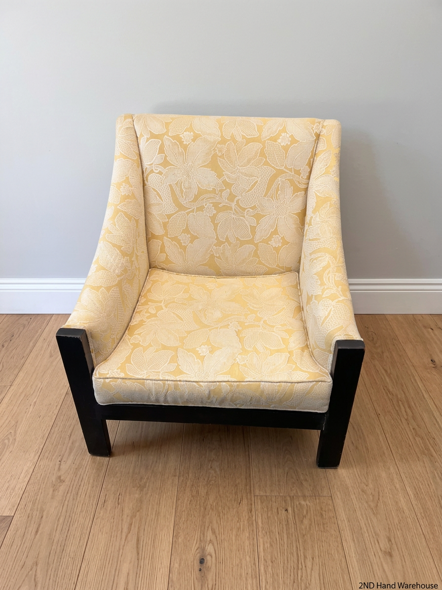 Yellow Floral Patterned Woven Fabric Armchair — Very Good Condition