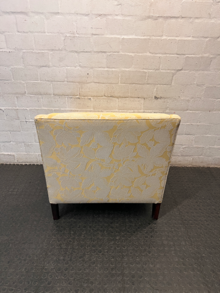 Yellow Floral Woven Armchair with Dark Wood Frame — Great Condition