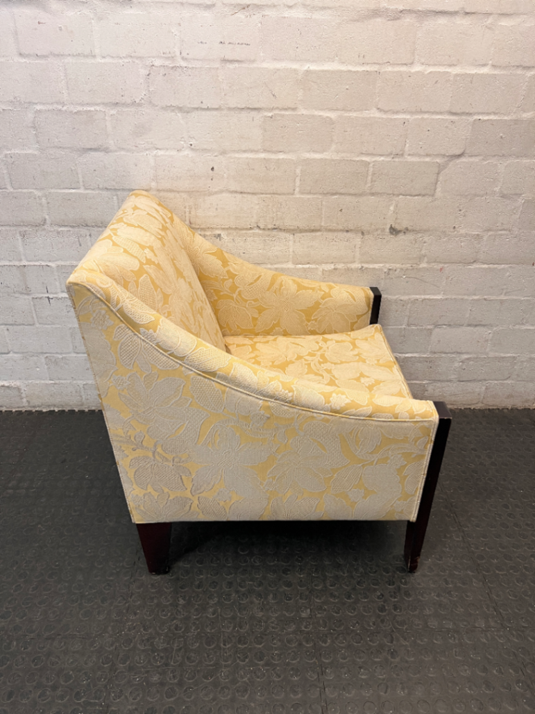 Yellow Floral Woven Armchair with Dark Wood Frame — Great Condition