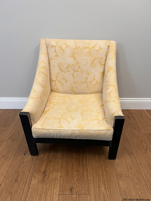 Yellow Floral Woven Armchair with Dark Wood Frame — Great Condition