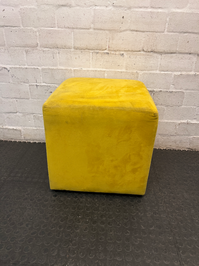 Yellow Velvet-Style Cube Ottoman — Good Working Order