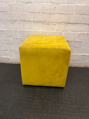 Yellow Velvet-Style Cube Ottoman — Good Working Order