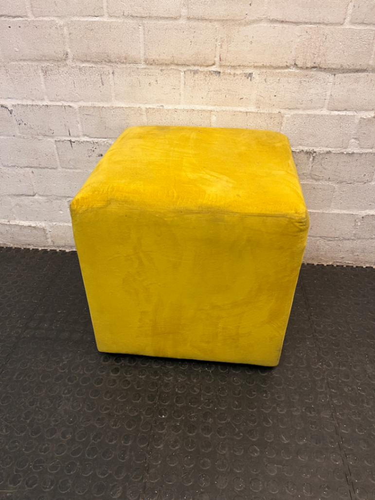 Yellow Velvet-Style Cube Ottoman — Good Working Order