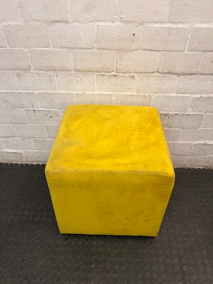 Yellow Velvet-Style Cube Ottoman — Good Working Order