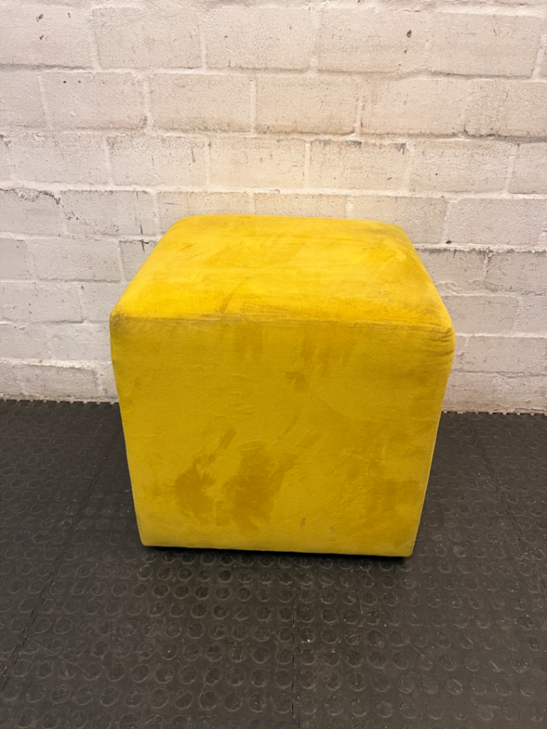 Yellow Velvet-Style Cube Ottoman — Good Working Order