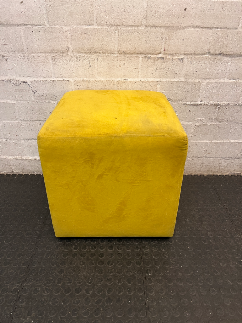 Yellow Velvet-Style Cube Ottoman — Good Working Order