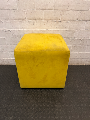 Yellow Velvet-Style Cube Ottoman — Good Working Order