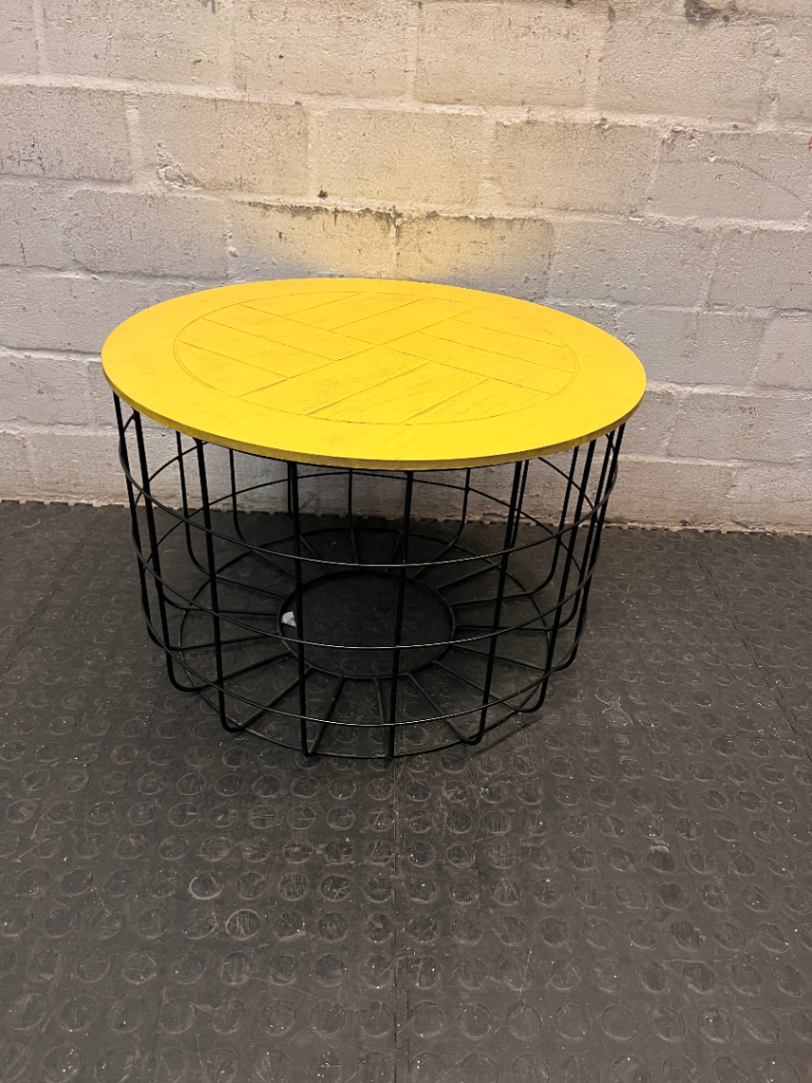 Yellow Wooden Top Coffee Table with Black Wire Base — Well Used with Visible Surface Wear