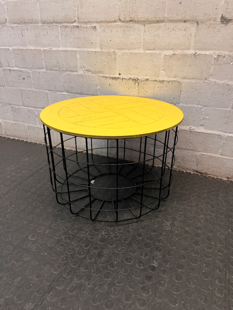Yellow Wooden Top Coffee Table with Black Wire Base — Well Used with Visible Surface Wear