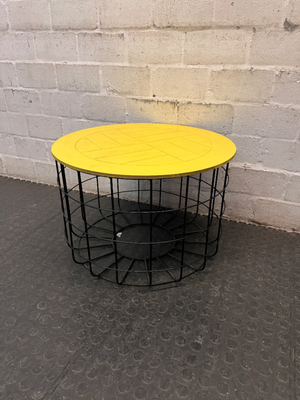 Yellow Wooden Top Coffee Table with Black Wire Base — Well Used with Visible Surface Wear