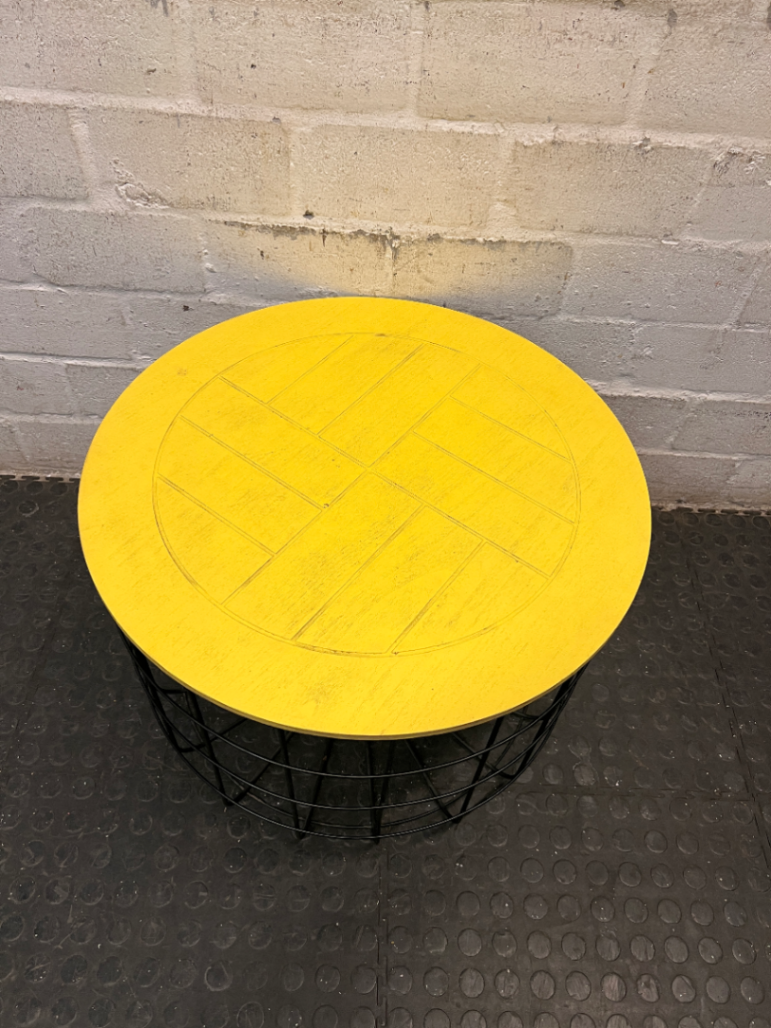 Yellow Wooden Top Coffee Table with Black Wire Base — Well Used with Visible Surface Wear