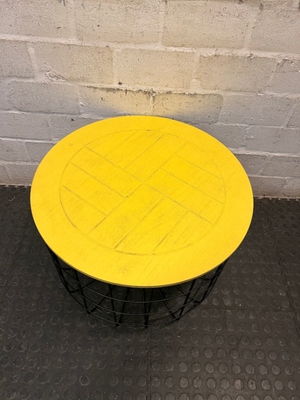 Yellow Wooden Top Coffee Table with Black Wire Base — Well Used with Visible Surface Wear