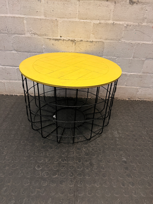 Yellow Wooden Top Coffee Table with Black Wire Base — Well Used with Visible Surface Wear