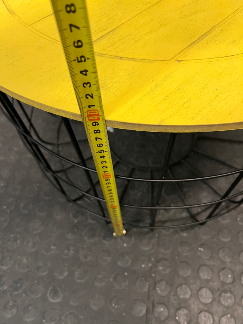 Yellow Wooden Top Coffee Table with Black Wire Base — Well Used with Visible Surface Wear