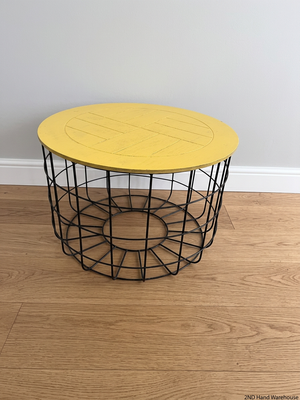 Yellow Wooden Top Coffee Table with Black Wire Base — Well Used with Visible Surface Wear