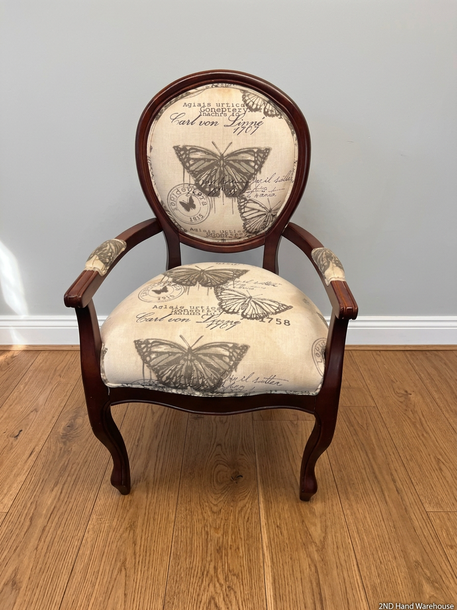 Vintage Style Butterfly Print Upholstered Armchair — Structural Damage and Wear