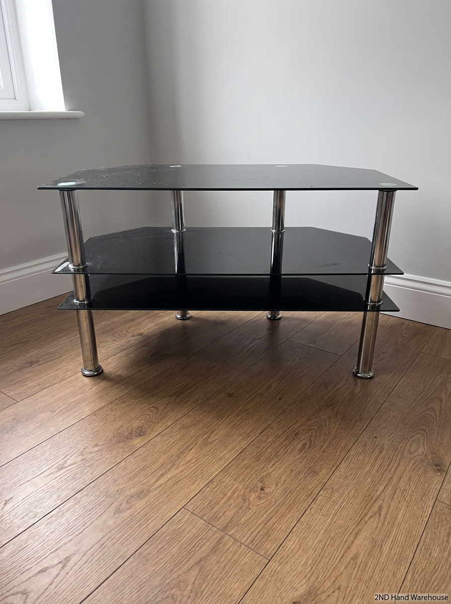 Black Glass 3-Tier TV Unit with Chrome Legs — Clean Condition with No Visible F