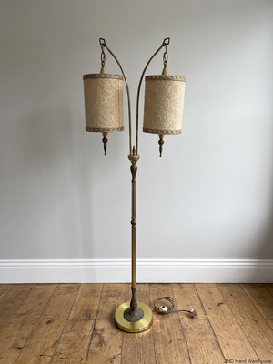 Vintage Double Arch Gold Floor Lamp with Patterned Shades — Well Used Condition