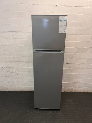 Silver Defy Top Freezer Fridge — Working Well; Well Used Exterior – main front view