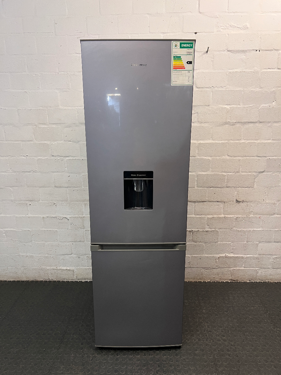 Hisense Silver Fridge Freezer with Water Dispenser — Working Well; Missing Freezer Baskets – main front view