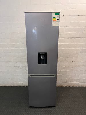 Hisense Silver Fridge Freezer with Water Dispenser — Working Well; Missing Freezer Baskets – main front view