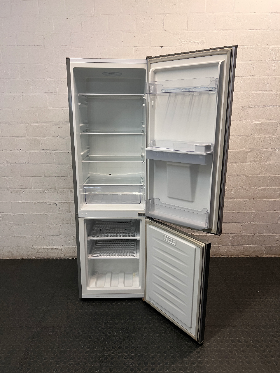 Hisense Silver Fridge Freezer with Water Dispenser — Working Well; Missing Freezer Baskets – side view