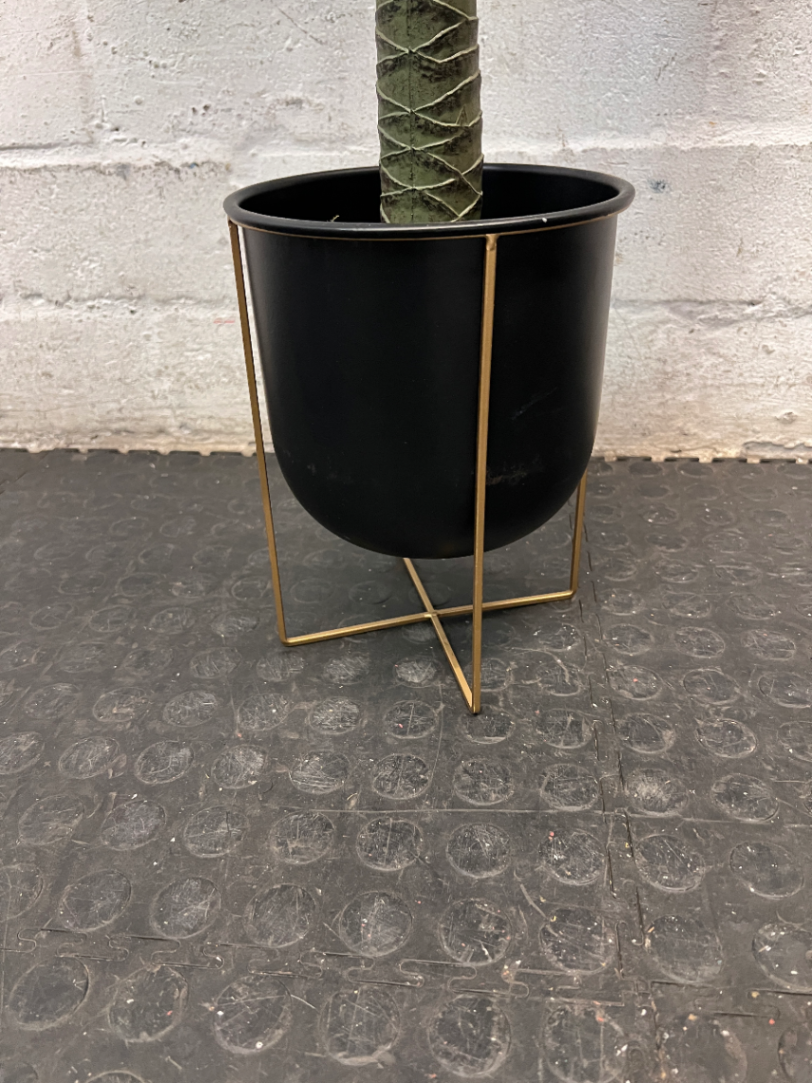 Artificial Variegated Plant in Black Pot with Gold Stand — Good Working Order – back view