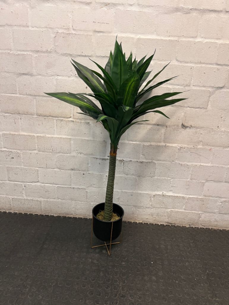 Artificial Variegated Plant in Black Pot with Gold Stand — Good Working Order – main front view
