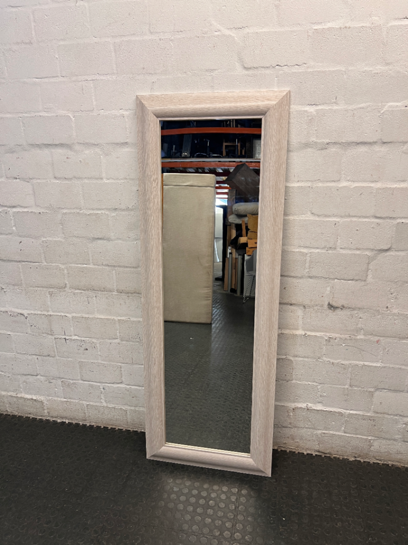 Tall Light Oak Style Framed Wall Mirror — Well Used Condition – main front view