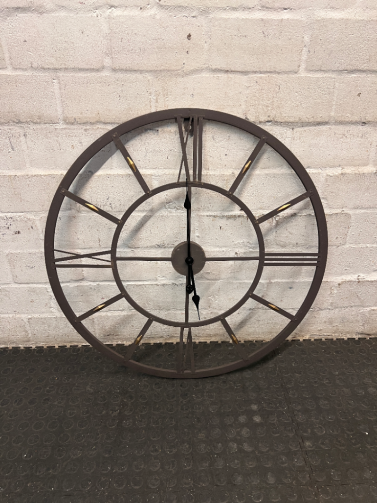 Large Grey Skeleton Wall Clock with Roman Numerals — Good Working Order – main front view