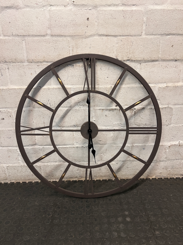 Large Grey Skeleton Wall Clock with Roman Numerals — Good Working Order – side view