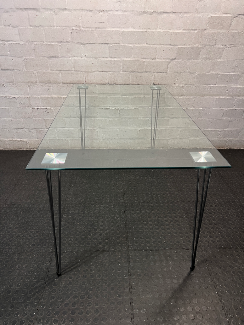 Modern Glass Top Dining Table with Hairpin Legs — Good Working Order – back view