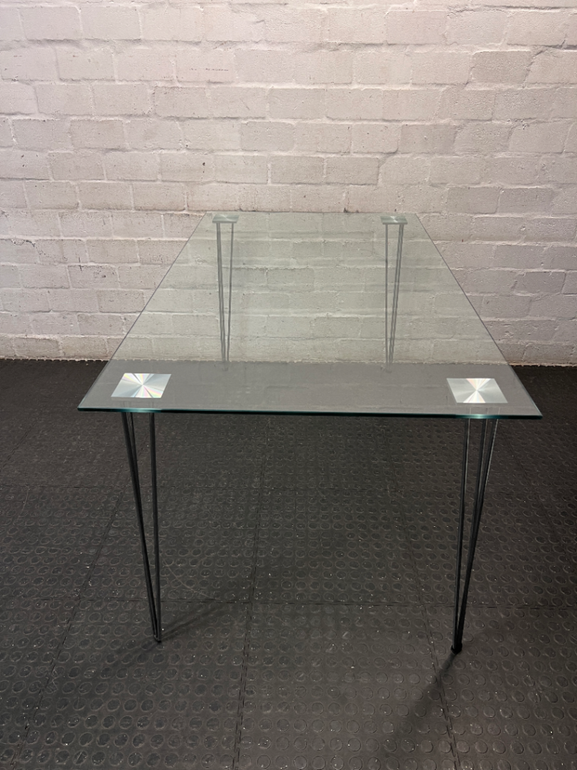 Modern Glass Top Dining Table with Hairpin Legs — Good Working Order – side view