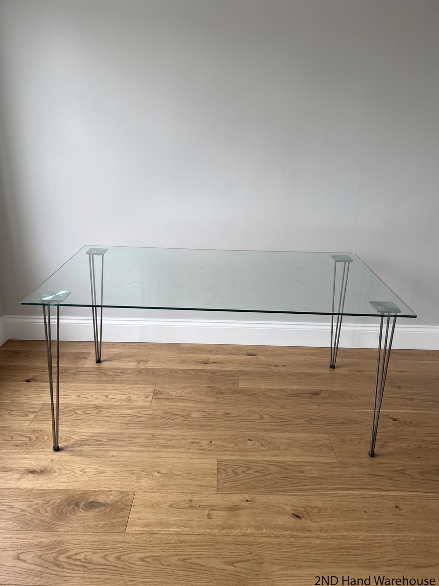 Modern Glass Top Dining Table with Hairpin Legs — Good Working Order - REDUCED