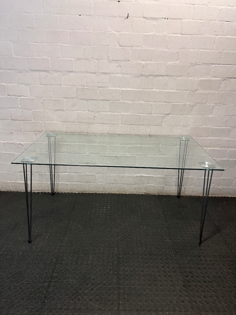 Modern Glass Top Dining Table with Hairpin Legs — Good Working Order – top view