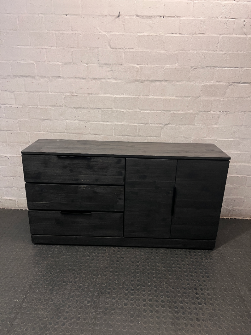 Modern Black Wooden Sideboard with Drawers and Cupboard — Well Used Condition – main front view