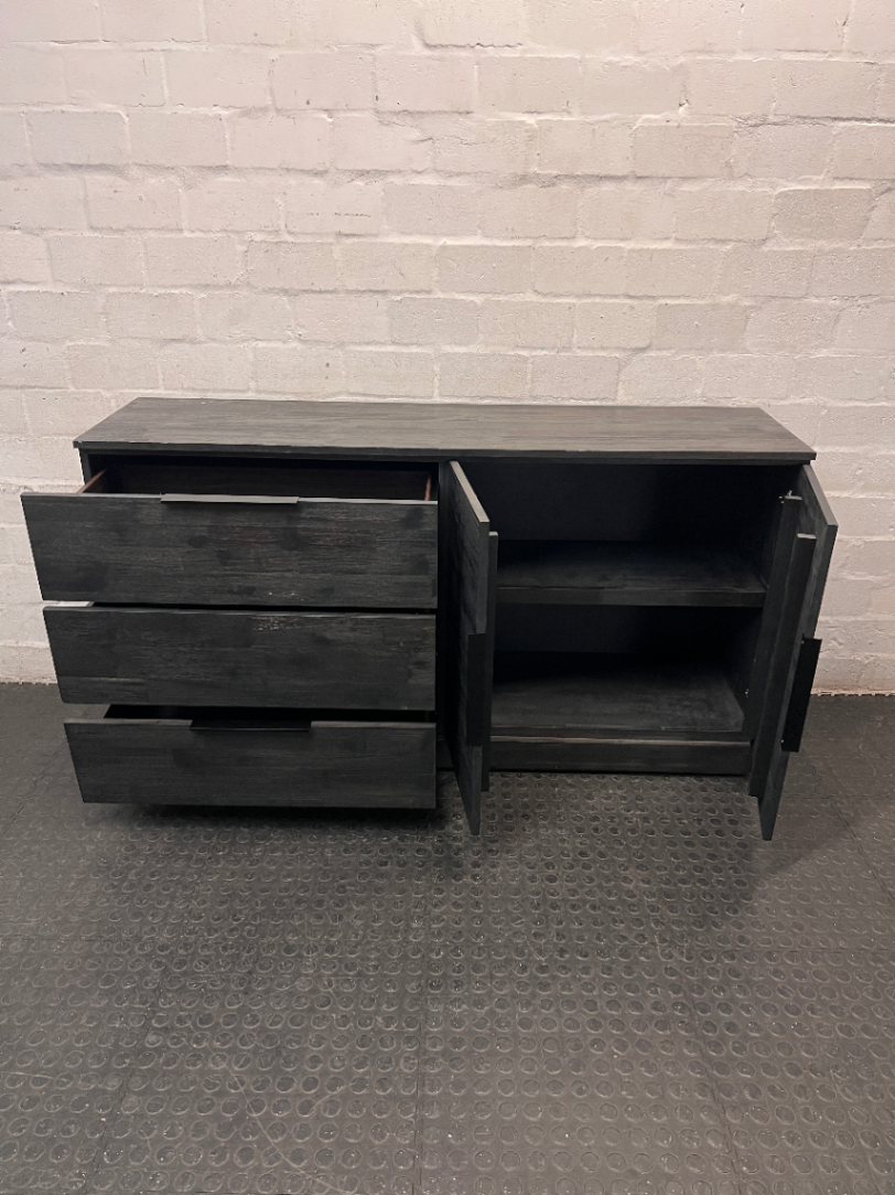 Modern Black Wooden Sideboard with Drawers and Cupboard — Well Used Condition – side view