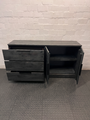 Modern Black Wooden Sideboard with Drawers and Cupboard — Well Used Condition – side view