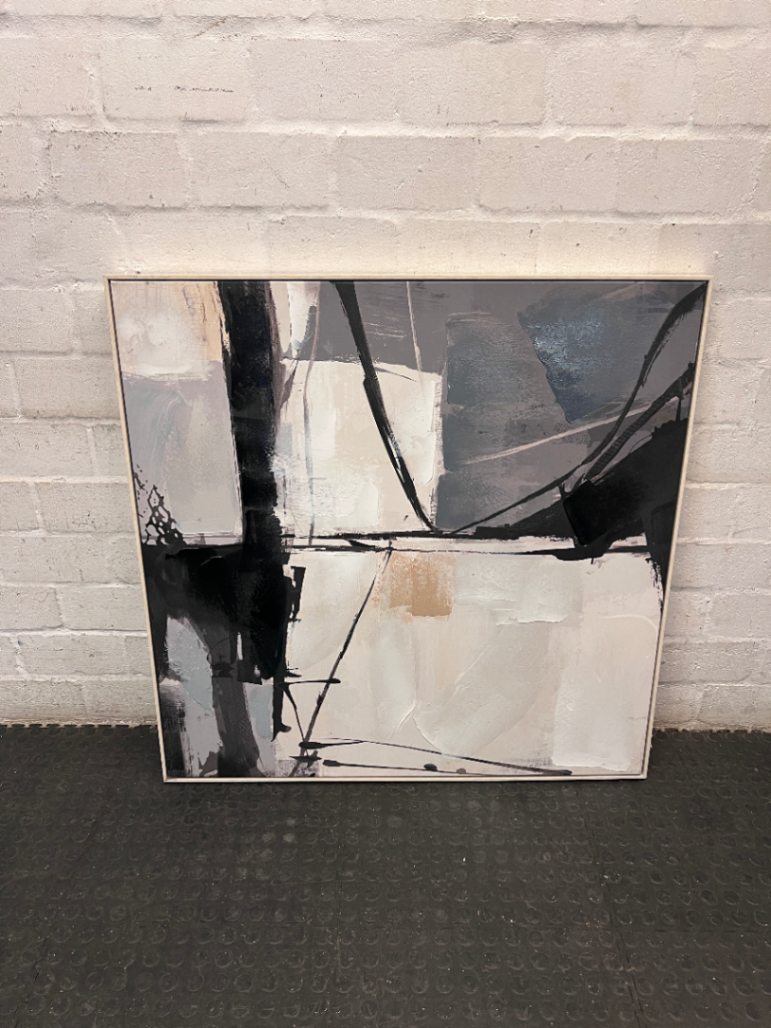 Large Abstract Grey and Black Framed Wall Art — Fair Used Condition – main front view