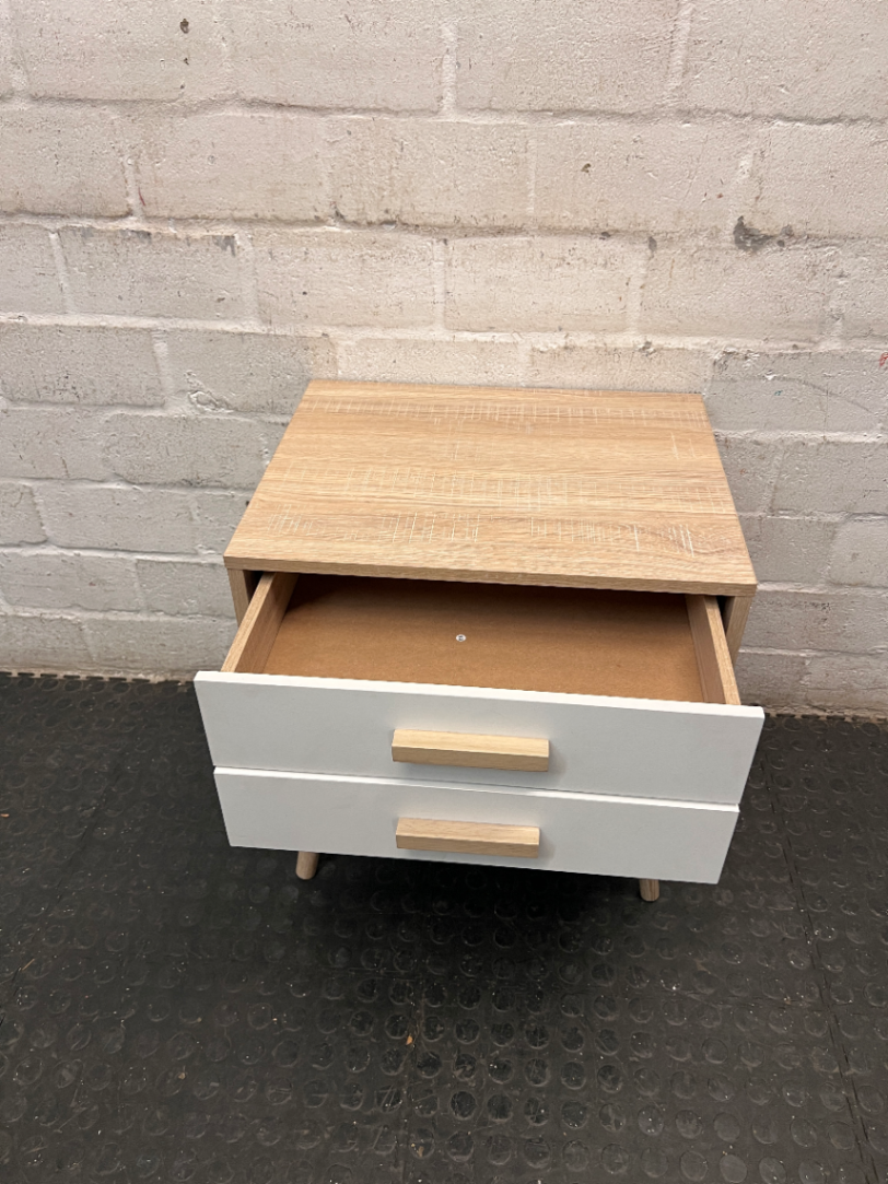 Two-Drawer Scandi-Style Bedside Table — Well Used with Significant Wear – condition detail