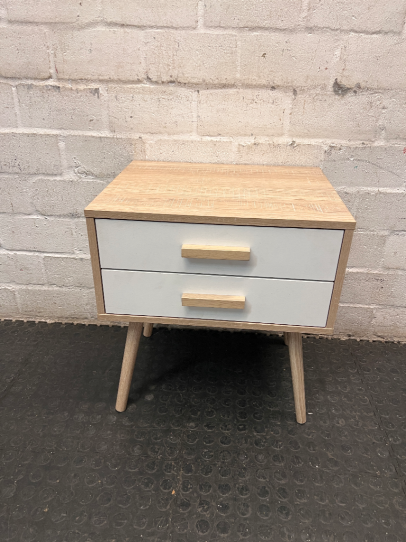 Two-Drawer Scandi-Style Bedside Table — Well Used with Significant Wear – main front view