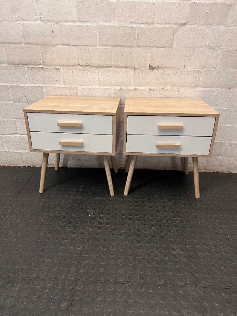 Two-Drawer Scandi-Style Bedside Table — Well Used with Significant Wear – side view
