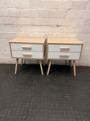 Two-Drawer Scandi-Style Bedside Table — Well Used with Significant Wear – side view