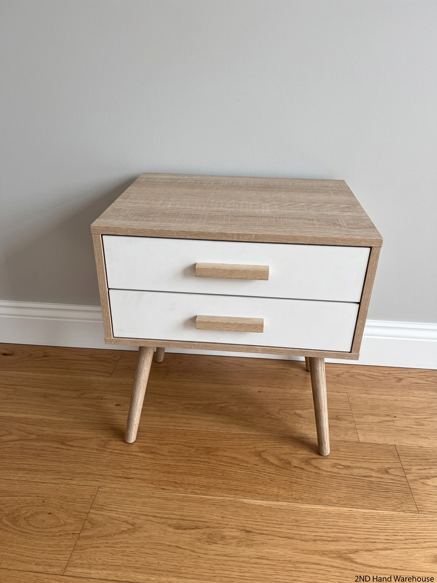 Two-Drawer Scandi-Style Bedside Table — Well Used with Significant Wear – styled product image