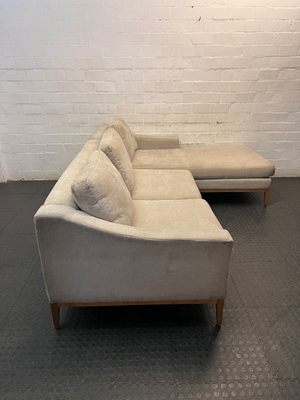 Neutral Fabric L-Shape Sectional Couch with Wooden Base — Well Used L-Shape Couch – back view